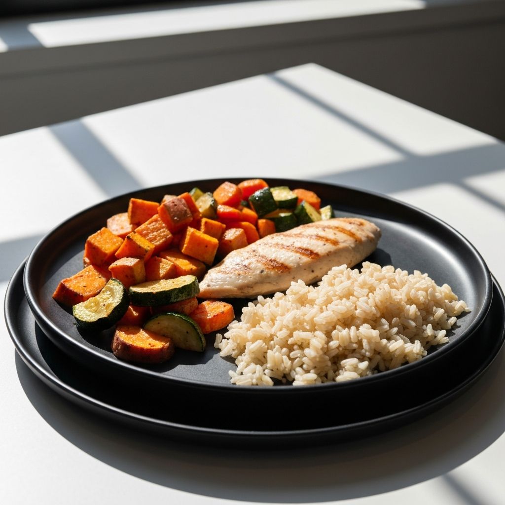 Ein Mittag mit Gemüse, Getreide und Eiweißquelle auf einem Tablett